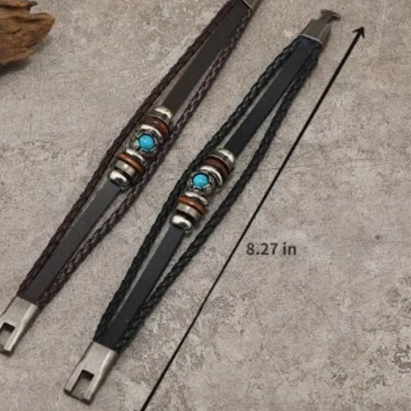 1 Handmade Boho Gypsy Black Leather Bracelet, Rope Cord Turquoises Charm - Picture 3 of 3